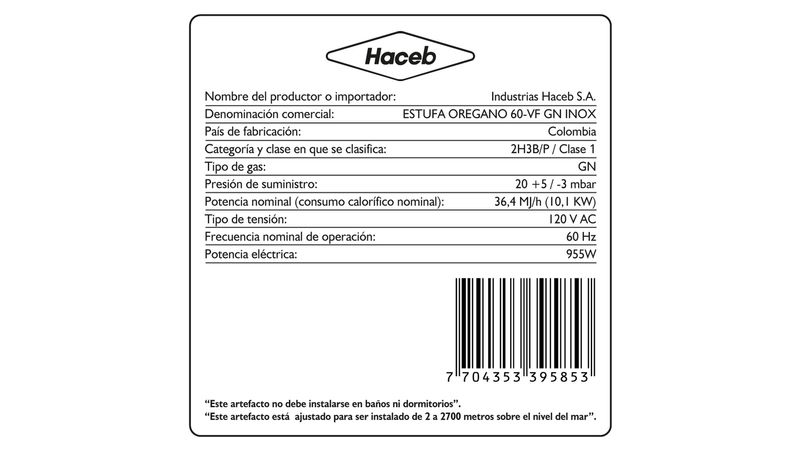 Estufa Orégano Haceb 60 cms inox gas propano - Haceb