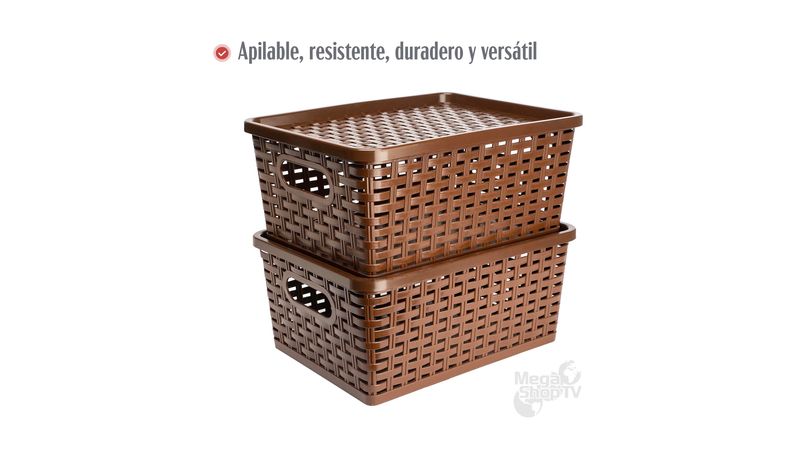 Set X2 Cajas organizadoras con tapa canasta mimbre plástico Café