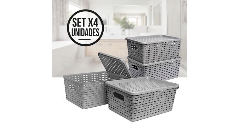 Set X4 Cajas organizadoras con tapa canasta mimbre plástico Gris