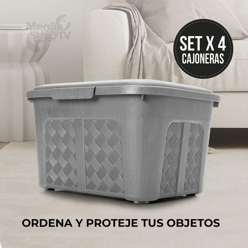 Set X4 Cajas organizadoras con tapa canasta mimbre plástico Gris