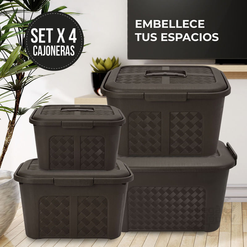 Set X6 Cajas organizadoras con tapa canasta mimbre plástico Café ENERGY  PLUS