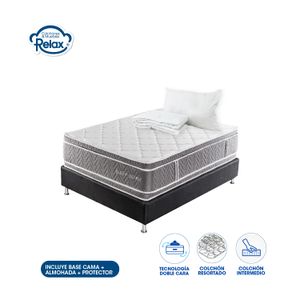 Colchón Semidoble con Base Cama Sleep Sense Colchones Relax 120x190x35cm Ortopédico Resortado Firmeza Intermedia + 1 Almohada + 1 Protector