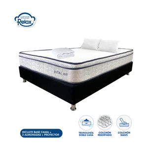 Colchón Doble con Base Cama Vital Air Colchones Relax 140x190x22cm Ortopédico Resortado Firmeza Suave + 2 Almohadas + 1 Protector