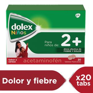 Dolex Niños Acetaminofen 2+ Alivio de la Fiebre y el Dolor x 20 Tabletas Masticables