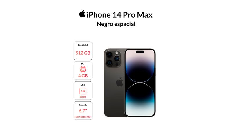  Apple iPhone 14 Pro Max, 512 GB, Negro espacial