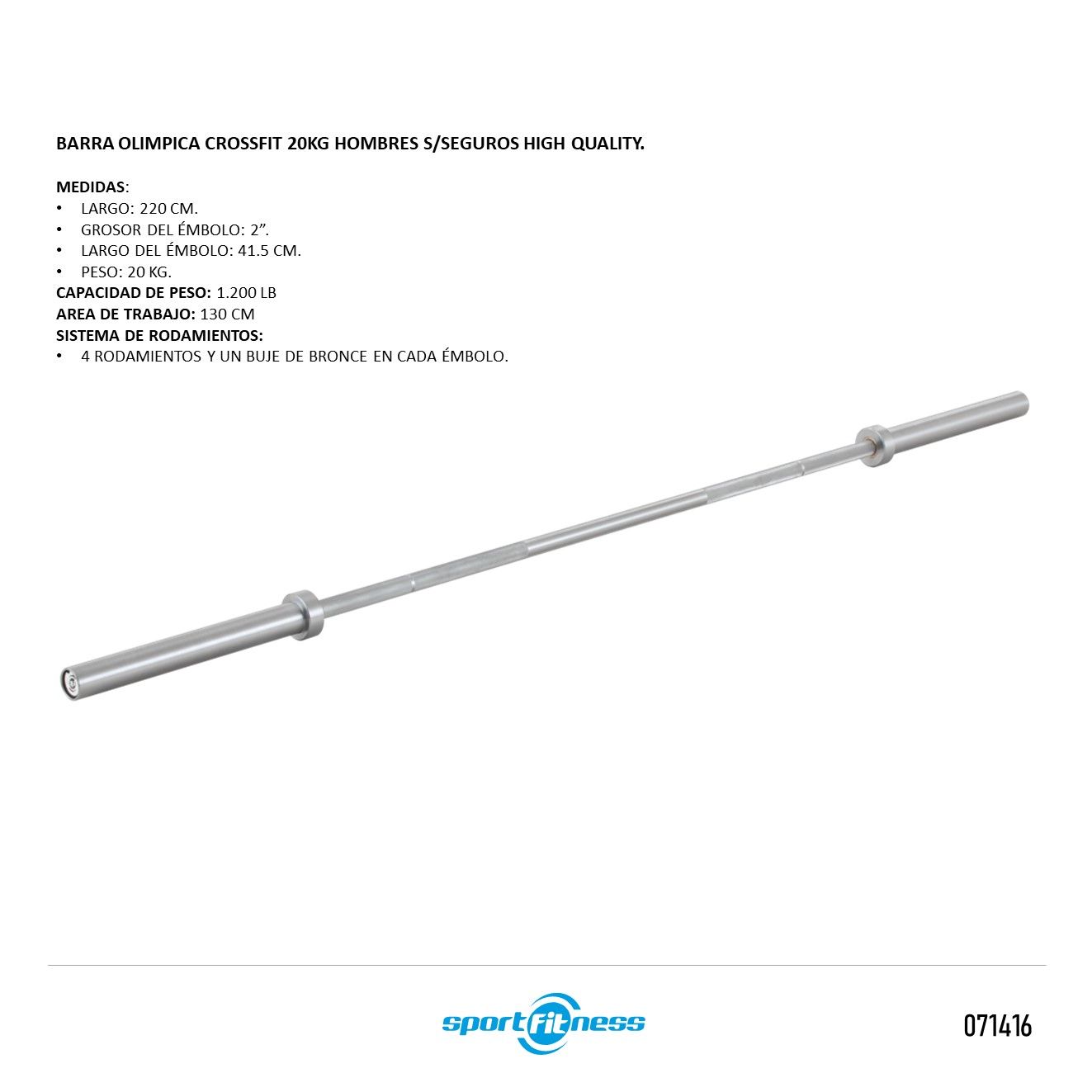Barra Olímpica Cromada 220cm Capacidad 136kg, Rodamientos, Para  Powerlifting