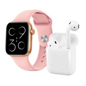 Combo Reloj Smartwatch Con Audifonos Y doble  Pulso Rosa
