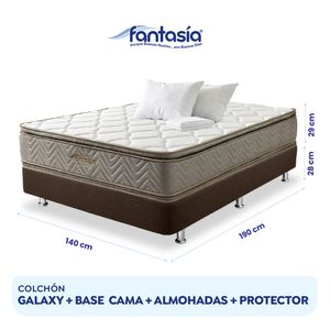 Combo Colchón Fantasía Galaxy 140 x 190+Basecama Lino Café + Almohada Económica + Protector