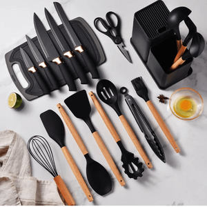 Set Utensilios Cocina En Silicona Y Juegos De Cuchillos 19pc-Negro