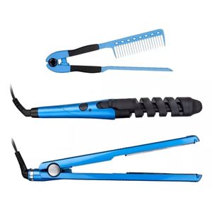 Kit Combo Plancha De Cabello Rizador Con Peine Azul
