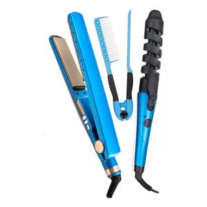 Kit Combo Plancha De Cabello Rizador Con Peine Azul