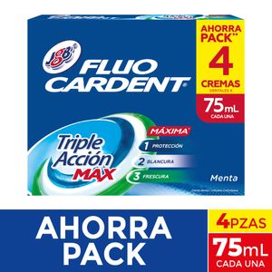 Crema Dental Fluocardent Triple Acción Max Ahorra Pack 75 Ml X4 Unds