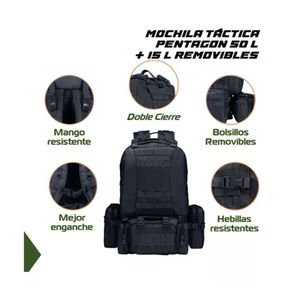 Mochila Táctica Tipo Militar 50 Litros Impermeable Piezas Removibles Negra