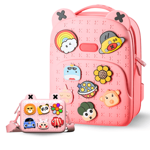 Combo Morral Infantil en silicona Dibujos Animados + Cartuchera-Rosa