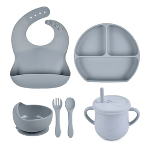 Set Vajilla En Silicona Para Bebe Cubiertos 5 Piezas Sin BPA - Gris