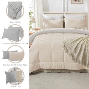 Combo Edredón Cover Bicolor Beige | Gris Claro 8 piezas