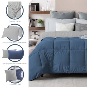 Combo Edredón Cover Bicolor Azul Oscuro | Gris Claro | 8 piezas