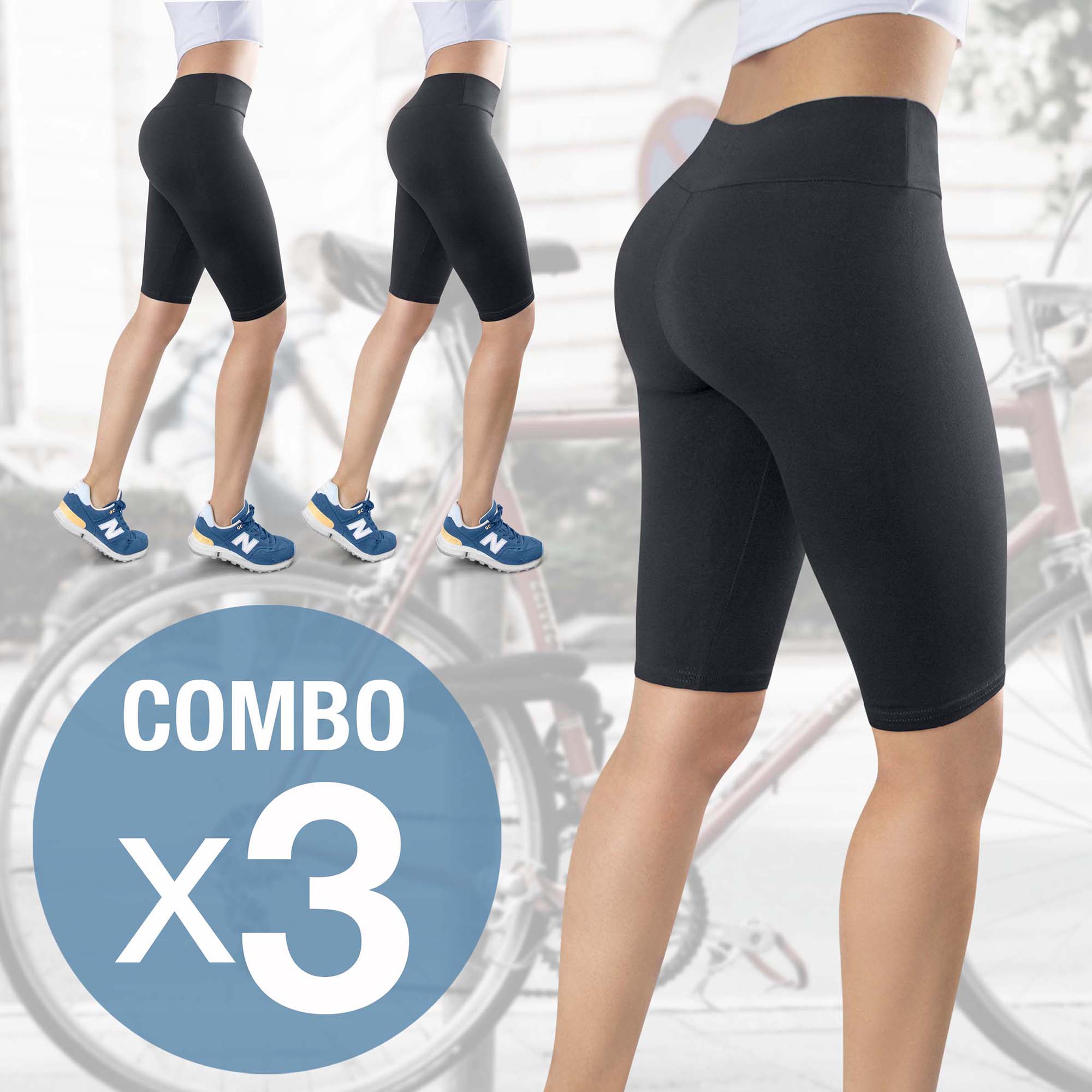 Combo X3: Biker Short deportivo mujer corto, licra deportiva - Olímpica