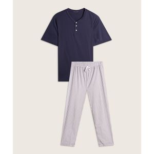 Pijama Camiseta Unicolor Cuello Henley, Pantalón Preteñido Rayas