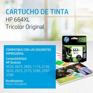 Cartucho de tinta HP 664XL Tricolor Original F6V30AL