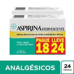 Aspirina® Efervescente 500 mg Ácido Acetilsalicilico Caja Pague 18 Lleve 24 tab